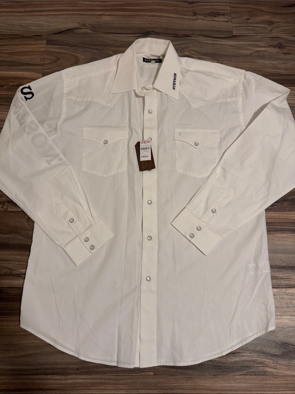 Stetson Logo Western Shirt Mens L White Pearl Snap Long Sleeve Cotton Rodeo NWT